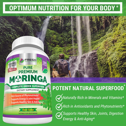 Fresh Healthcare Moringa Capsules Pure Leaf Powder Non-GMO 180 Count