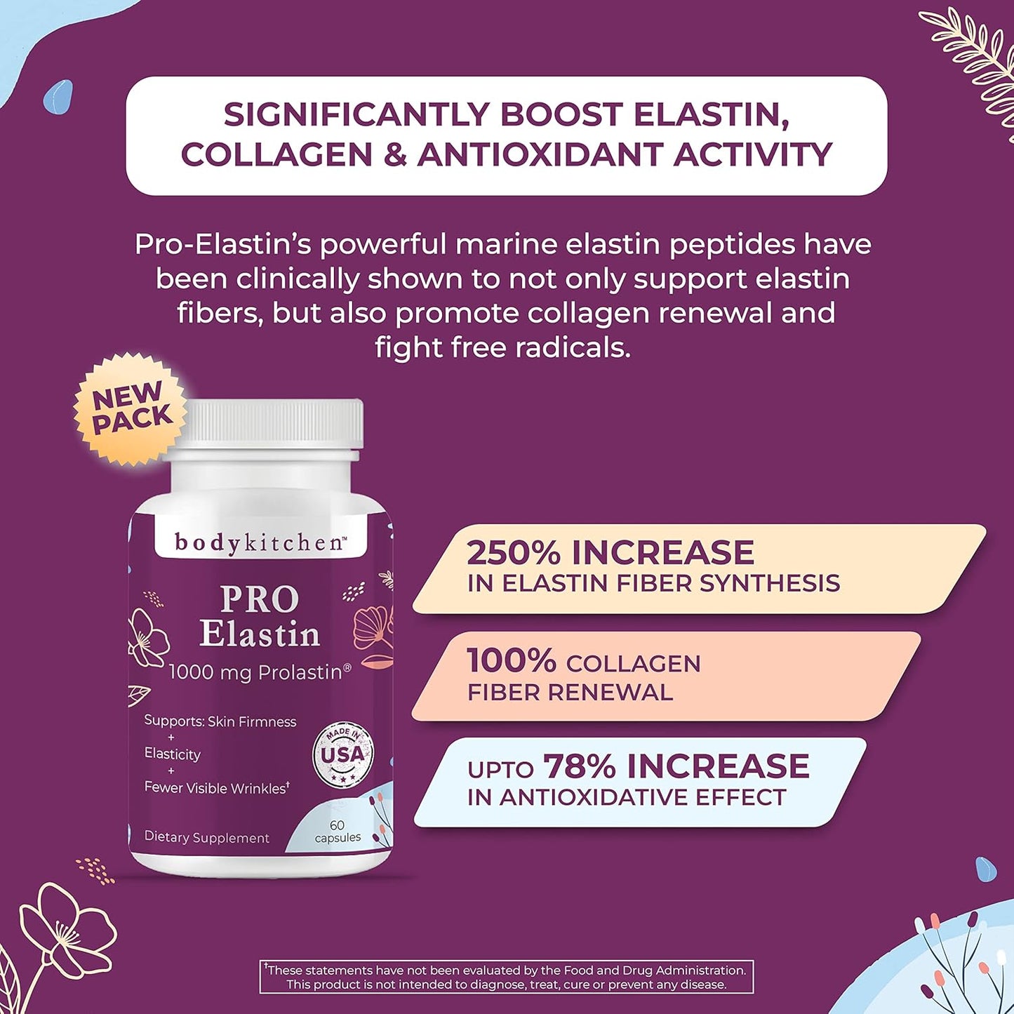 Body Kitchen Pro Elastin Peptides 1000 mg Marine-Derived Supplement 60 Capsules