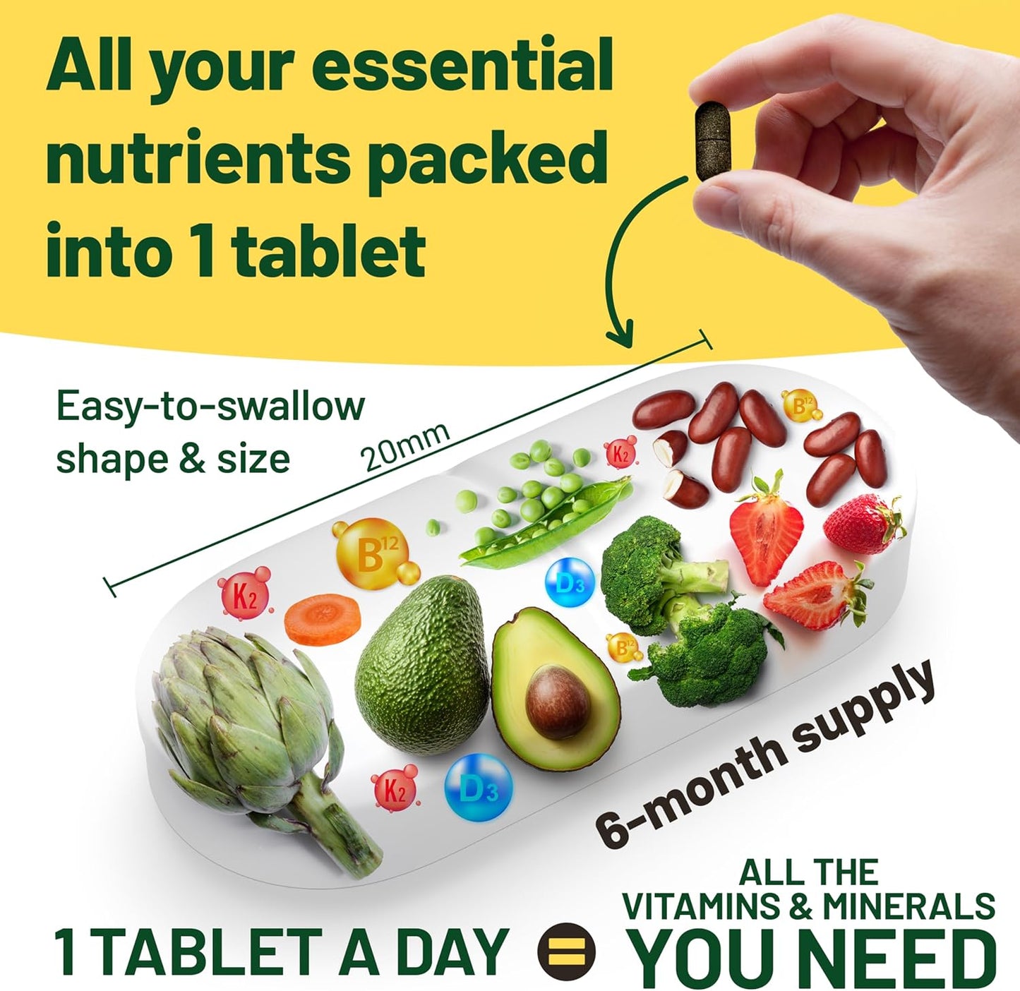 Vegan Vitality Multivitamin Tablets for Women & Men with Vitamin B12, D3 and K2 180 Count