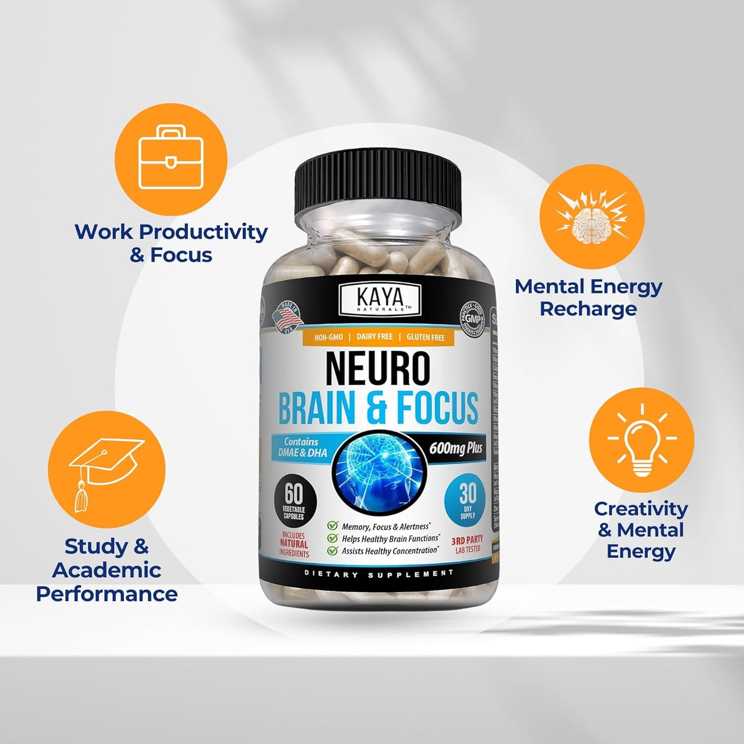 Kaya Naturals Neuro Brain Nootropic Capsules Memory Focus Cognitive Support 60 Count