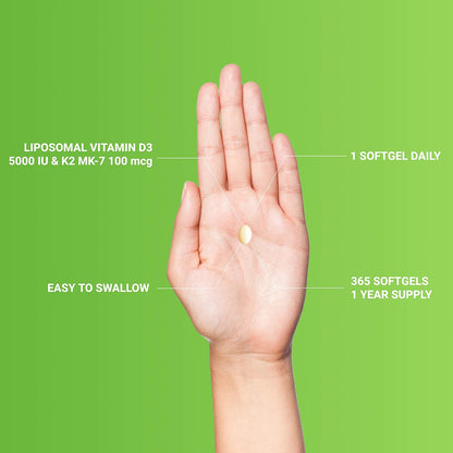 UpNourish Liposomal Vitamin D3 5000 IU K2 MK-7 100 mcg Mini Softgels 365 Count
