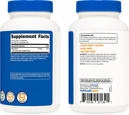 Nutricost Magnesium Glycinate Capsules 210 mg per Serving 180 Count