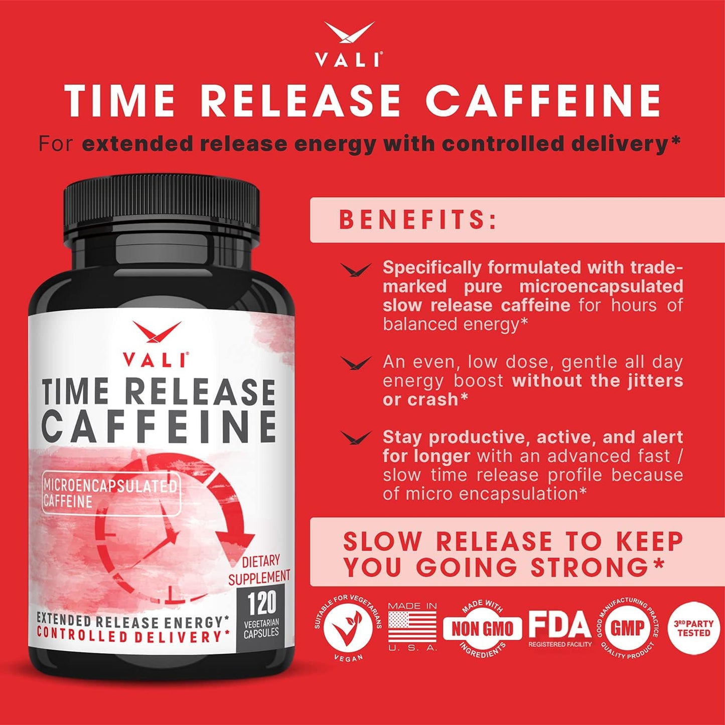 VALI Time Release Caffeine 100mg – Slow Release Energy & Focus Nootropic Supplement, 120 Veggie Capsules