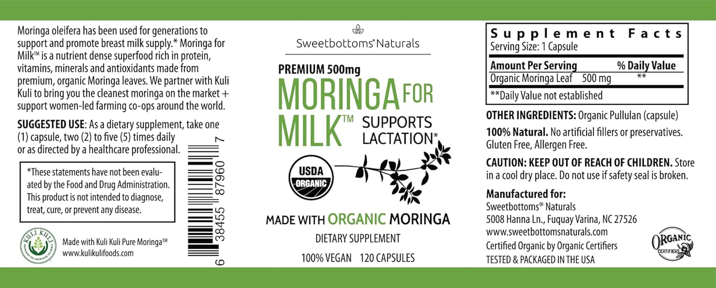 Organic Moringa Lactation Capsules Breastfeeding Support 500 mg 120 Count