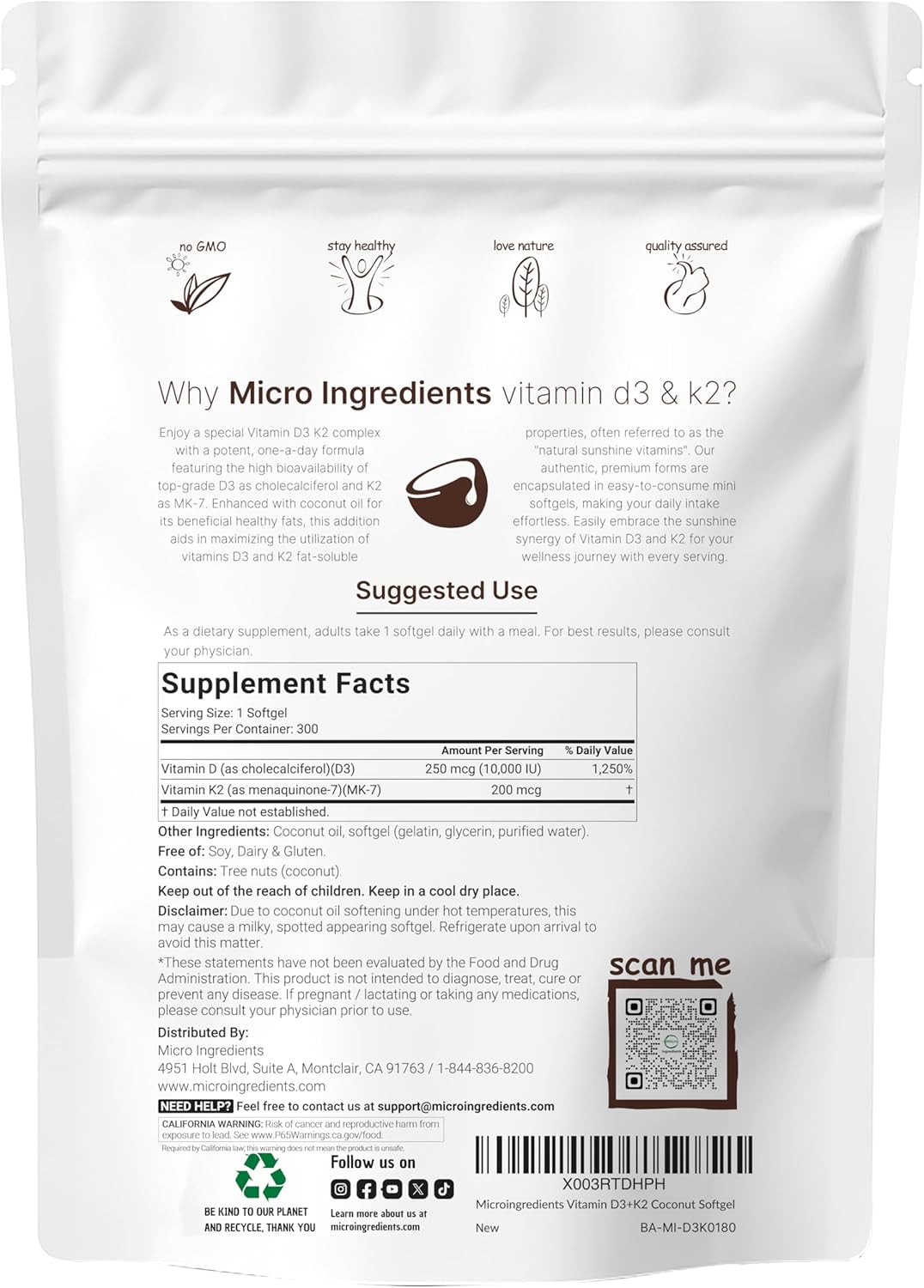 Micro Ingredients Vitamin D3 10,000 IU + K2 MK-7 200 mcg Softgels – 2-in-1 Vitamin D & K Complex with Coconut Oil, 300 Count