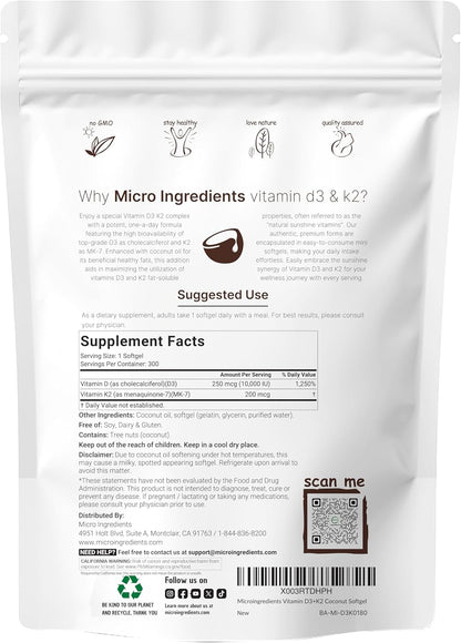 Micro Ingredients Vitamin D3 10,000 IU + K2 MK-7 200 mcg Softgels – 2-in-1 Vitamin D & K Complex with Coconut Oil, 300 Count