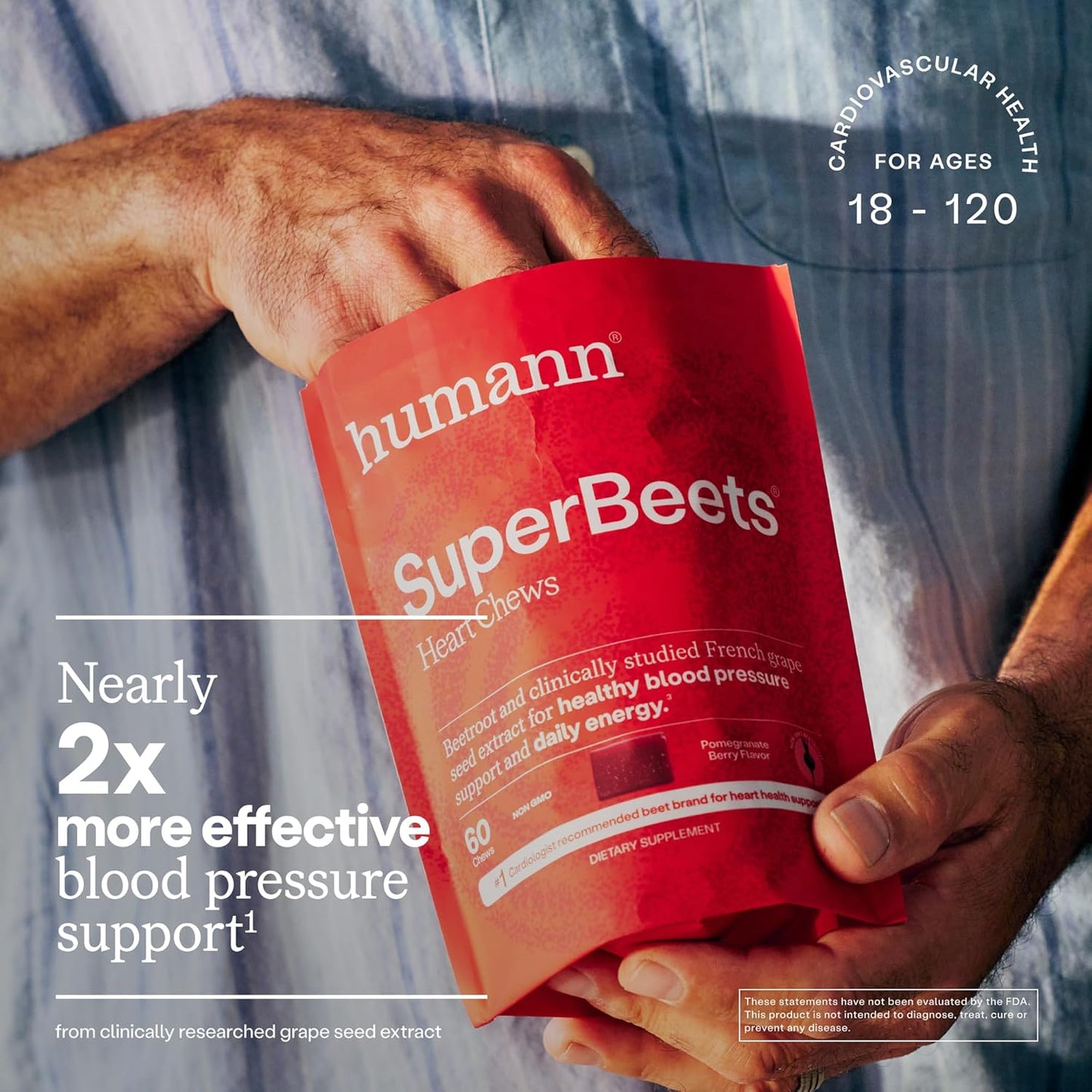 Humann SuperBeets Heart Chews Beetroot Grape Seed Extract Pomegranate Berry 60 Count