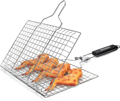 Fish Grilling Basket Stainless Steel Folding BBQ Basket with Removable Handle