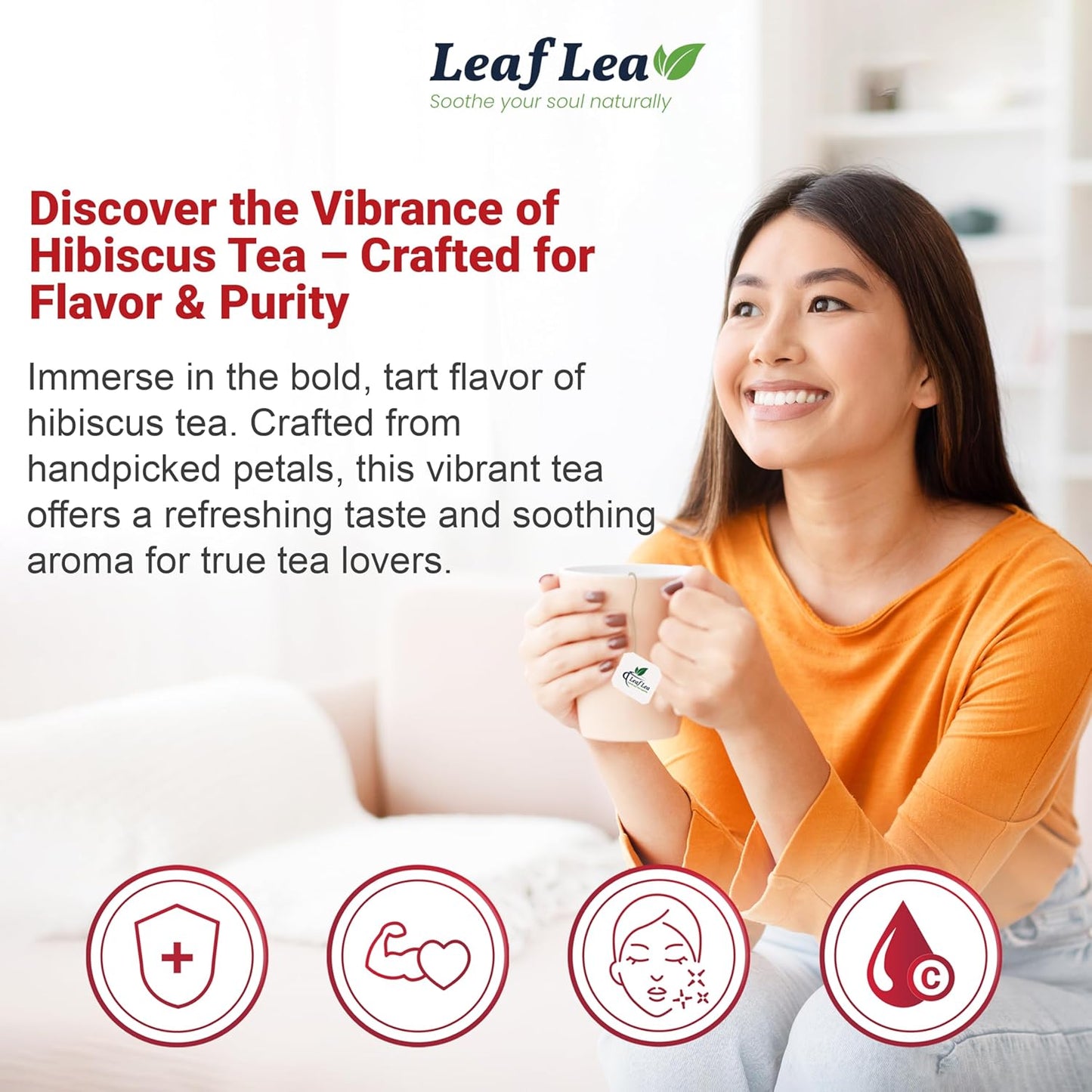 LeafLea Hibiscus Tea Bags 100% Pure Herbal Caffeine Free 40 Count