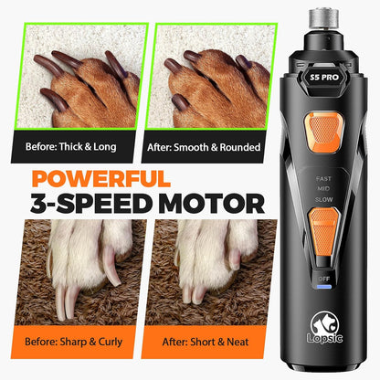 Rechargeable Dog Nail Grinder with LED Light – 3 Speeds, 3 Grinding Bits, Pet Nail Trimmer