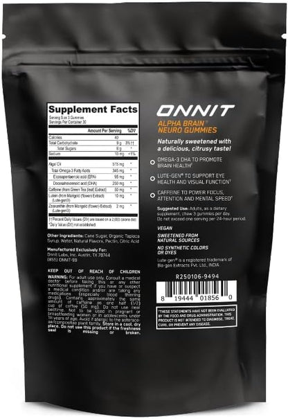 ONNIT Alpha Brain Neuro Focus Gummies Omega 3 Lutein Zeaxanthin Caffeine Citrus 90 Count