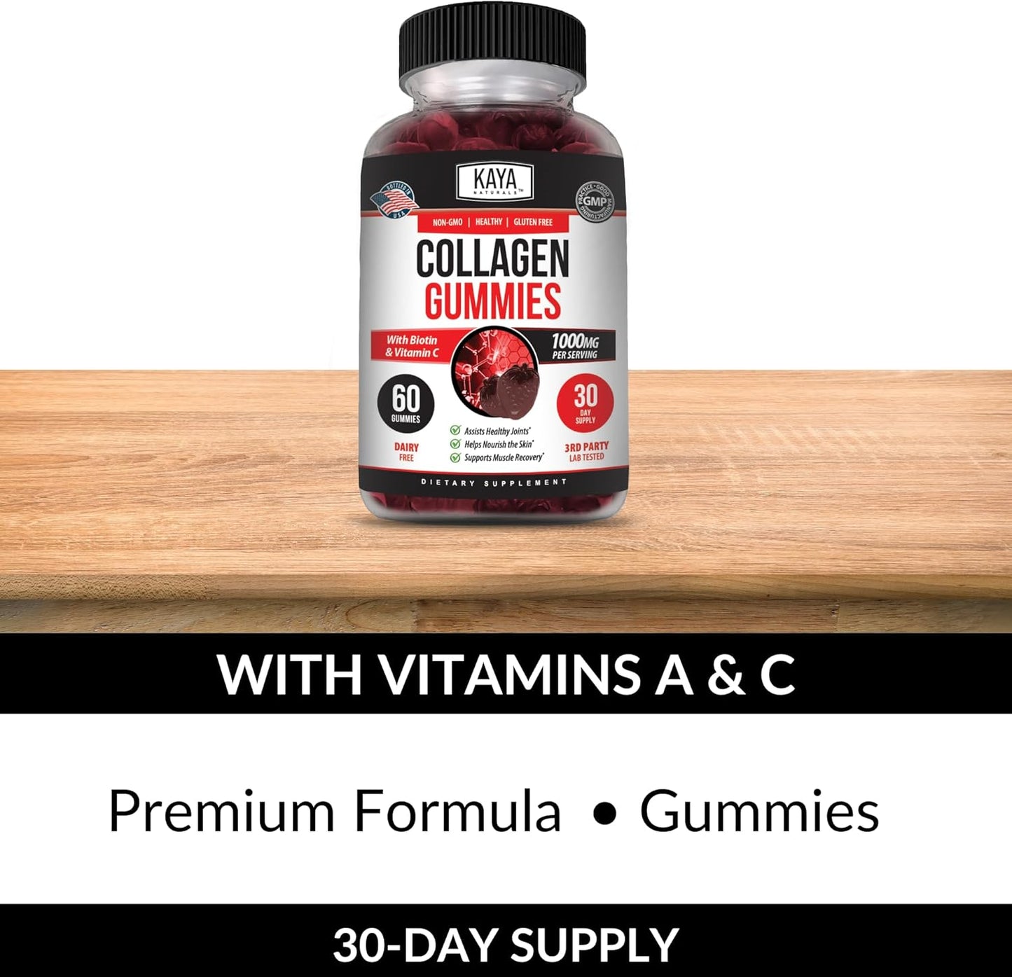 Kaya Naturals Collagen Gummies 1000 mg Vitamin C Selenium Biotin Strawberry 60 Count