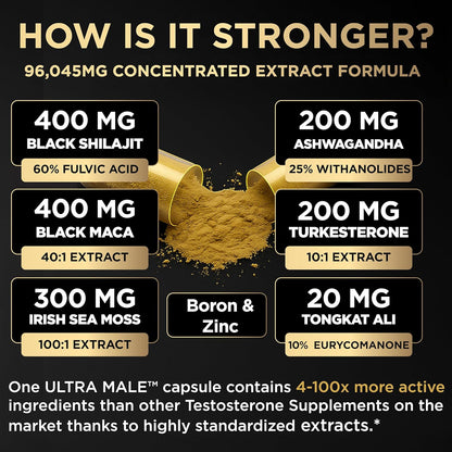 ULTRA MALE Testosterone Booster for Men 96,045mg with Shilajit, Black Maca, Ashwagandha & Tongkat Ali – Male Vitality Support Capsules