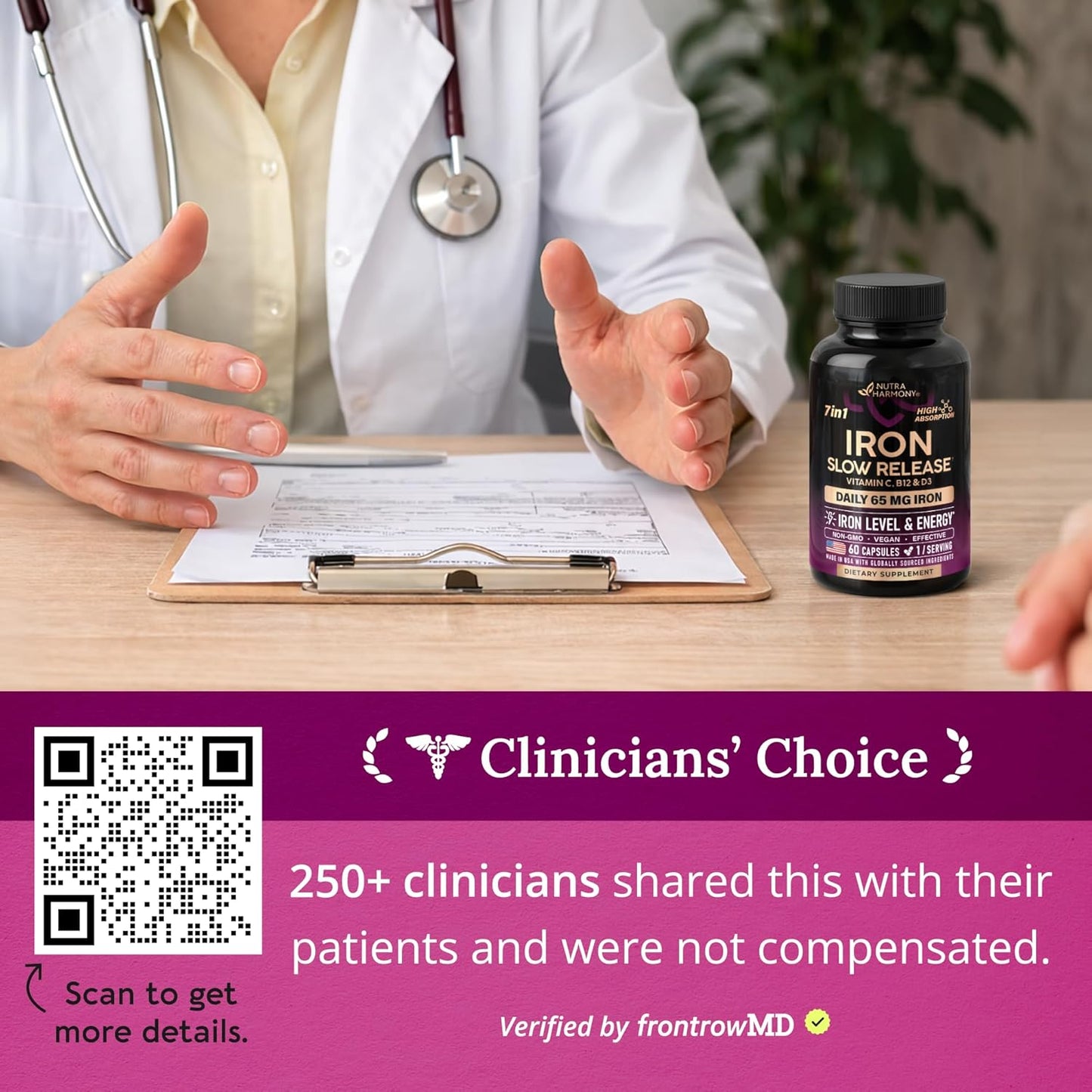 Iron Supplement for Women 65 mg with Vitamin C D3 B6 B12 and Folate 60 Capsules
