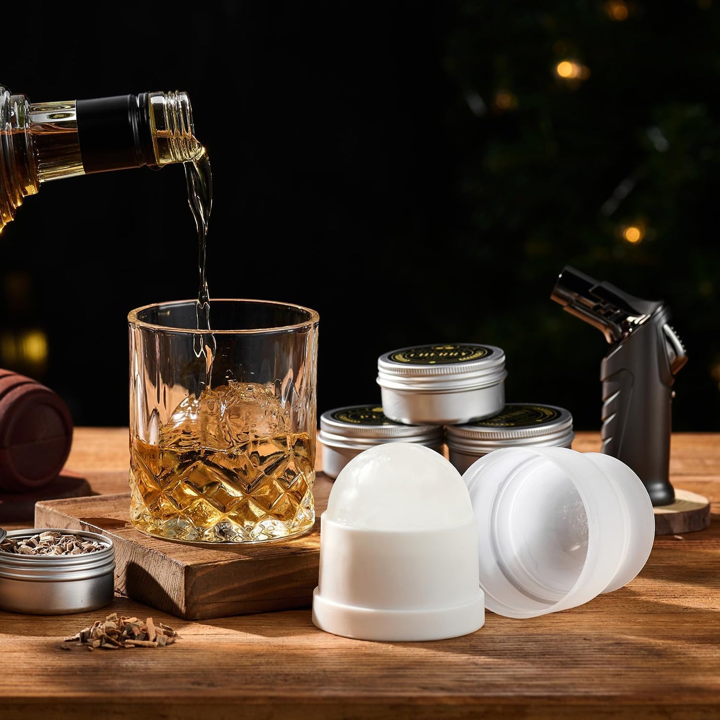 Whiskey Smoker Kit with Torch Wood Chip Flavors Glasses Ice Molds Set