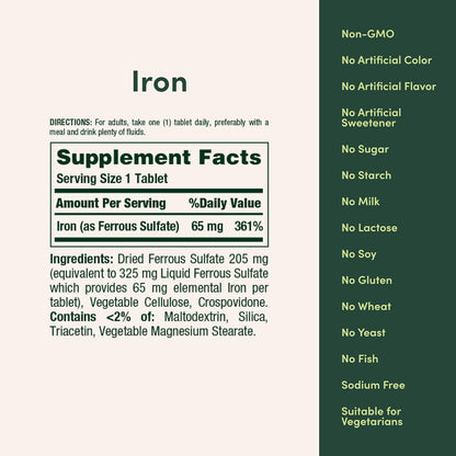 Nature’s Bounty Iron 65 mg Ferrous Sulfate Vegetarian Tablets 100 Count