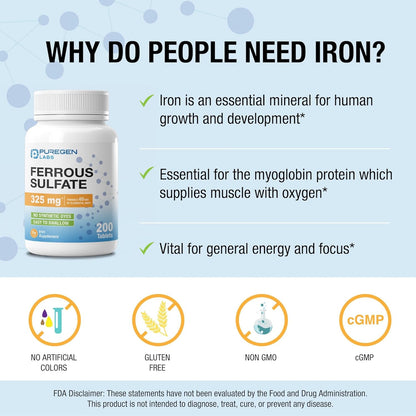 Puregen Labs Ferrous Sulfate 325 mg Iron Supplement 200 Tablets