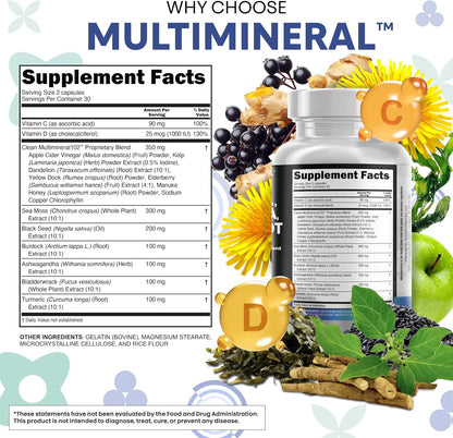 Clean Nutraceuticals Sea Moss & Herbal Supplement with Vitamins C D3 Elderberry 60 Count