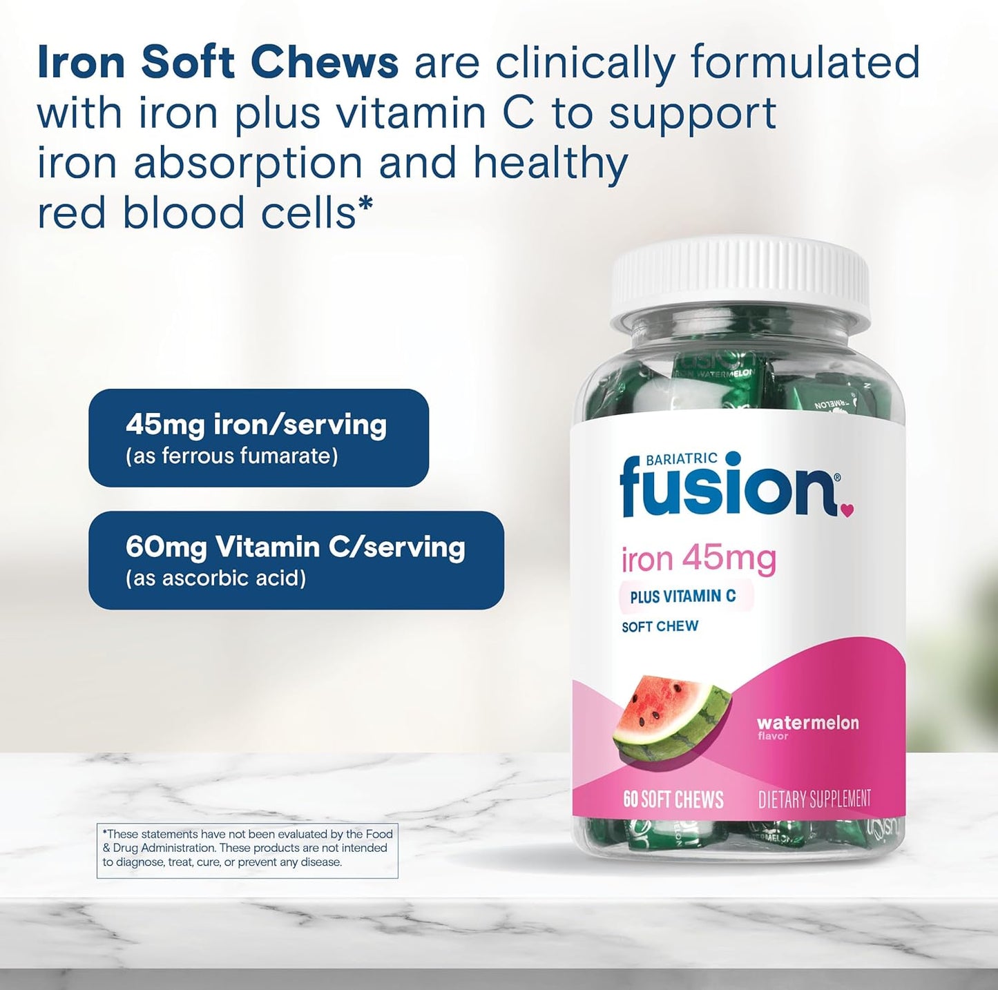 Bariatric Fusion Chewable Iron Supplement with Vitamin C Watermelon Flavor 60 Count