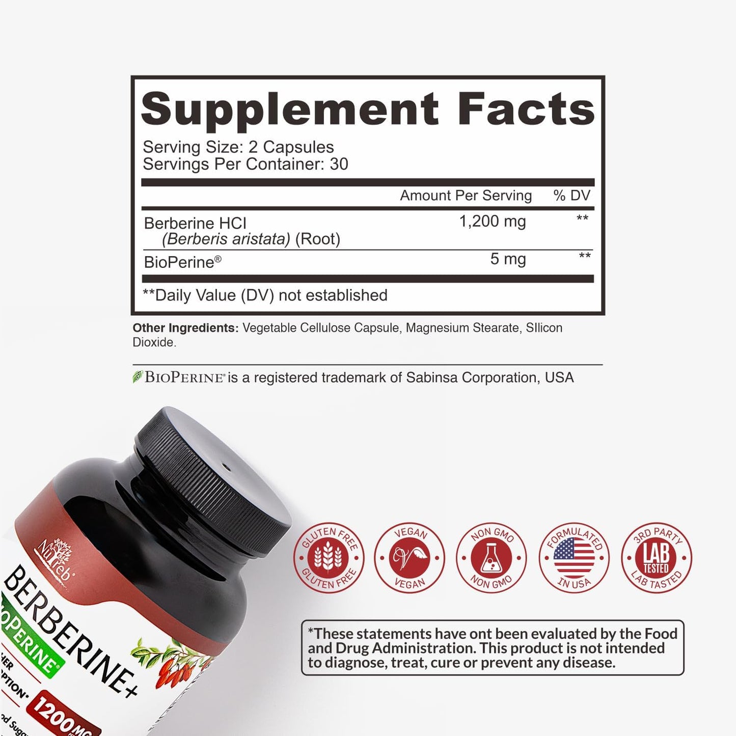 Nutreb Berberine HCL Supplement 1200 mg Vegan Capsules 60 Count