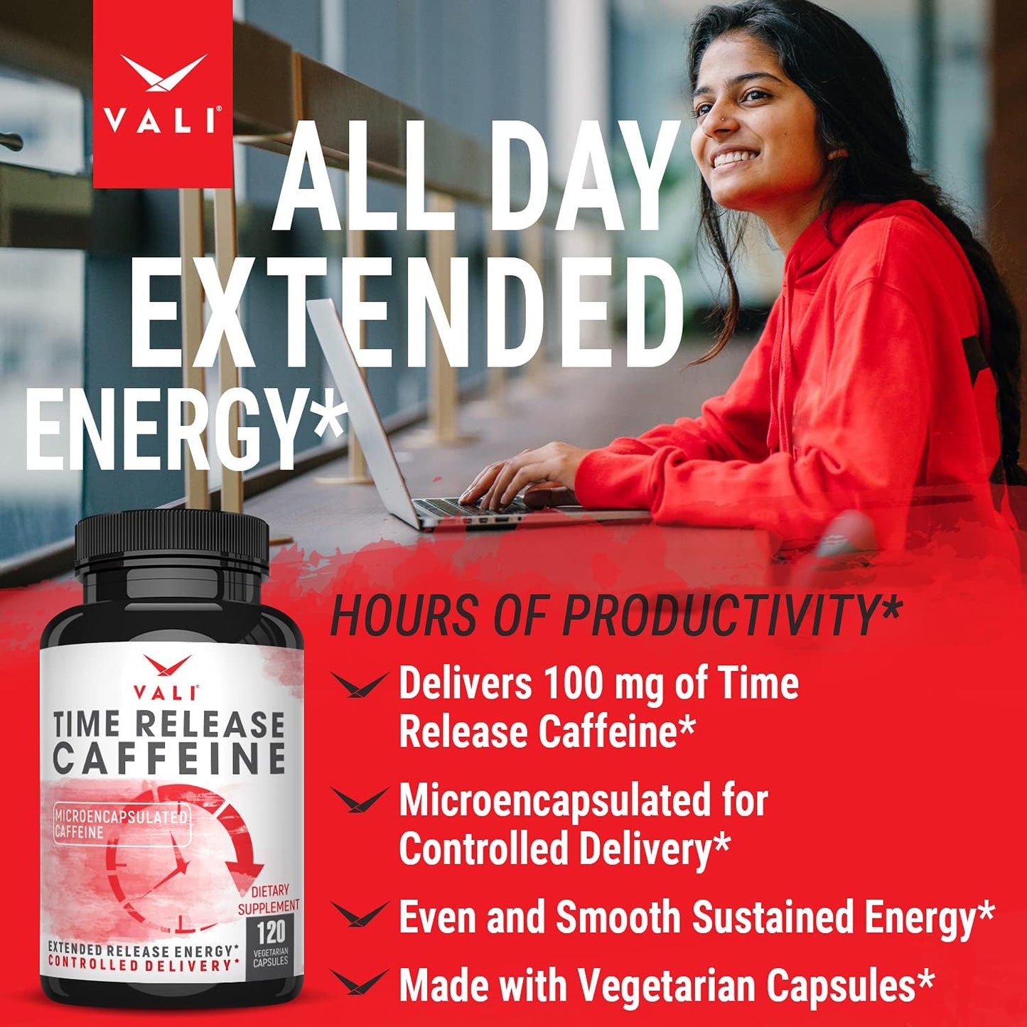 VALI Time Release Caffeine 100mg – Slow Release Energy & Focus Nootropic Supplement, 120 Veggie Capsules