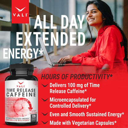 VALI Time Release Caffeine 100mg – Slow Release Energy & Focus Nootropic Supplement, 120 Veggie Capsules
