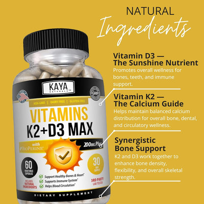 Kaya Naturals Vitamin K2 with D3 5000 IU Bioperine Capsules 60 Count