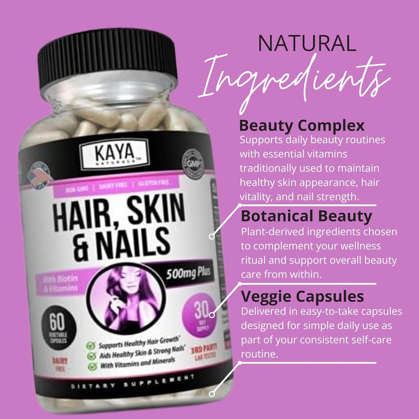 Kaya Naturals Hair Skin Nail Capsules Biotin Vitamin D B12 Folic Acid