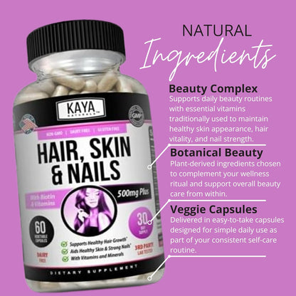 Kaya Naturals Hair Skin Nail Capsules Biotin Vitamin D B12 Folic Acid