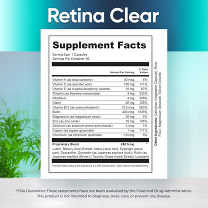 Retina Clear Vision Support Supplement Capsules – Natural Ingredient Eye Health Formula, 180 Capsules (3 Pack)
