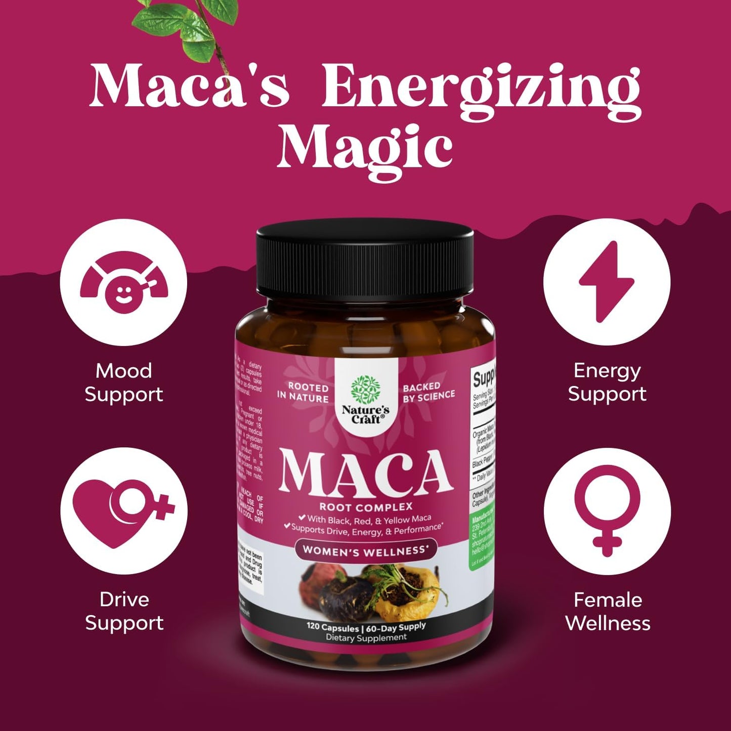 Maca Root Capsules for Women Red Yellow Black Maca Non-GMO Vegan 120 Count