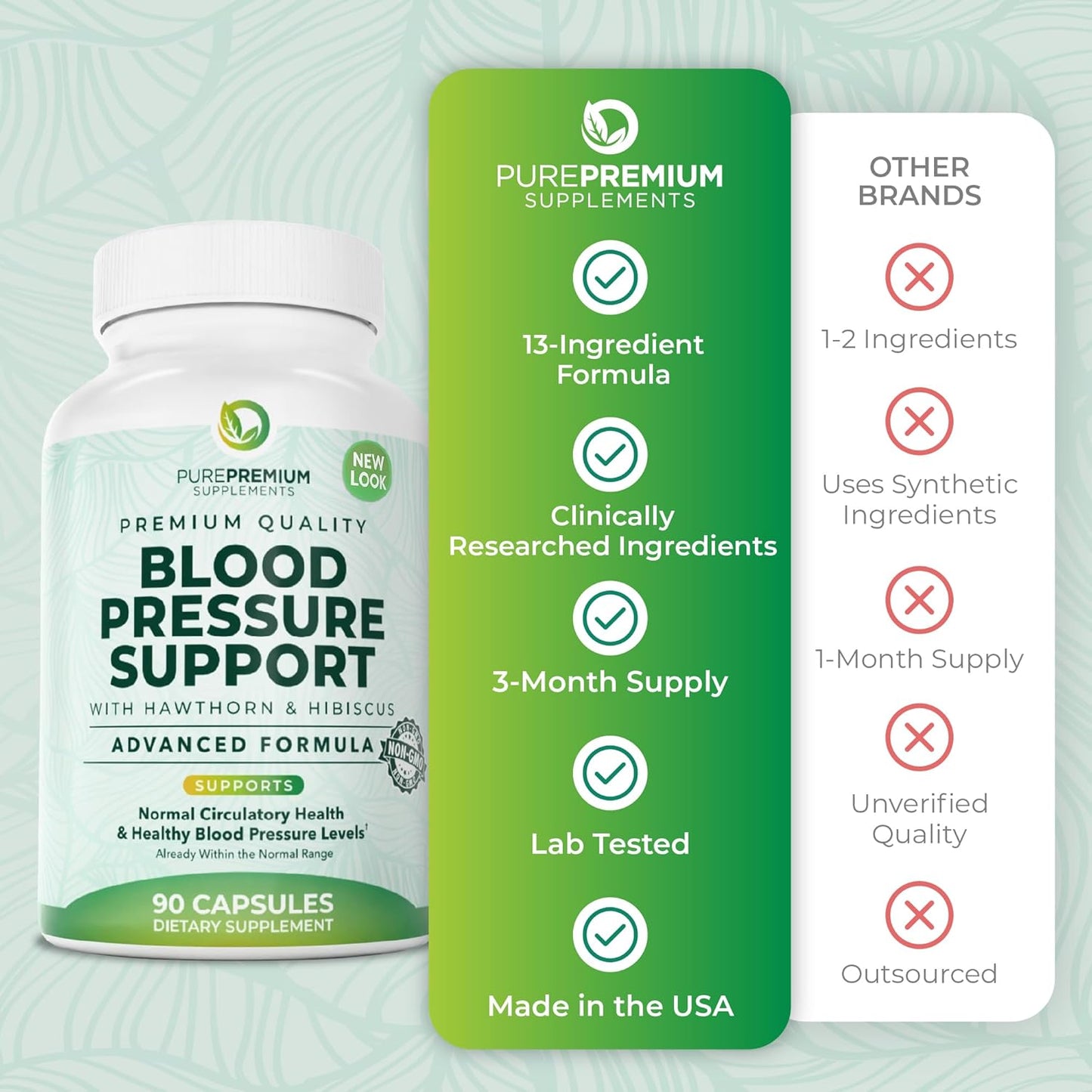 PurePremium Blood Pressure Supplement Hawthorn Hibiscus Garlic Vitamin B12 90 Count