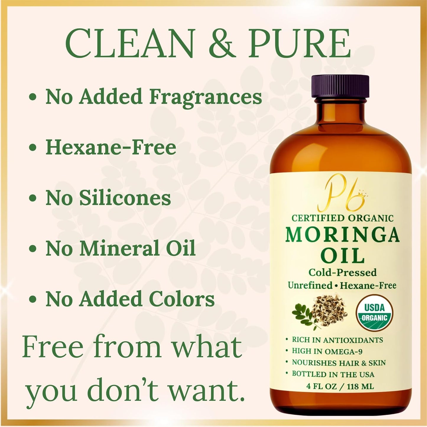 Organic Moringa Oil Cold Pressed Unrefined Skin Hair Face 4 fl oz