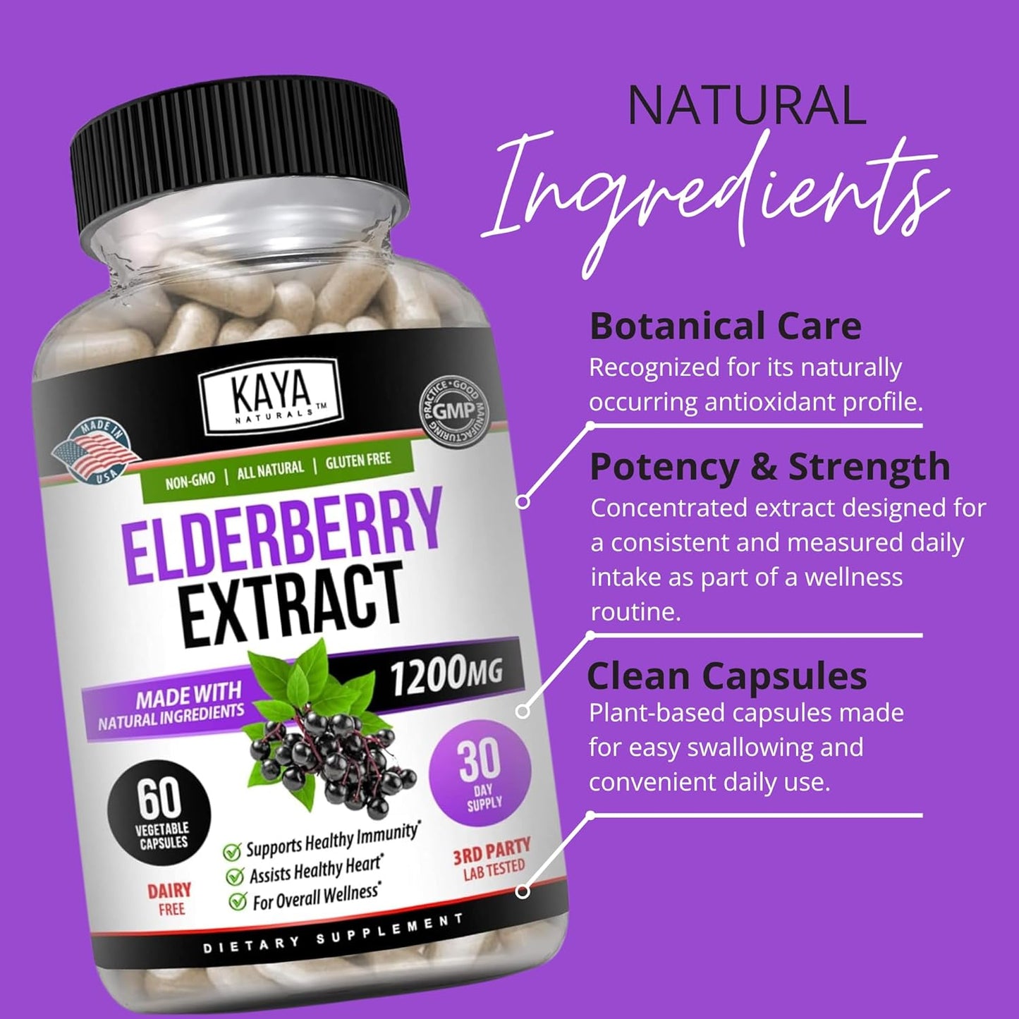 Kaya Naturals Elderberry Capsules Zinc Vitamin C Probiotics Turmeric 1200 mg 60 Count