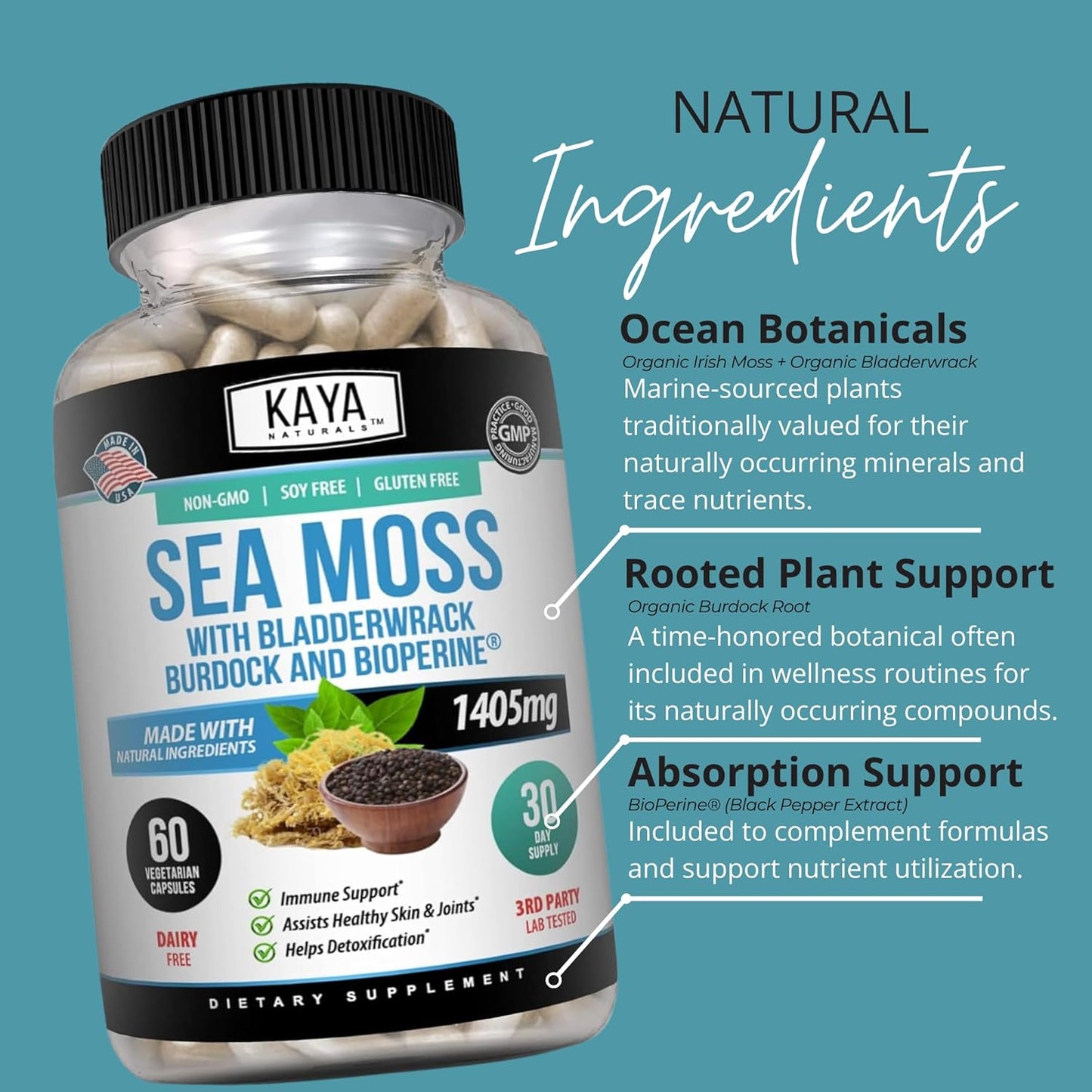 Kaya Naturals Sea Moss Capsules Burdock Root Bladderwrack BioPerine 60 Count
