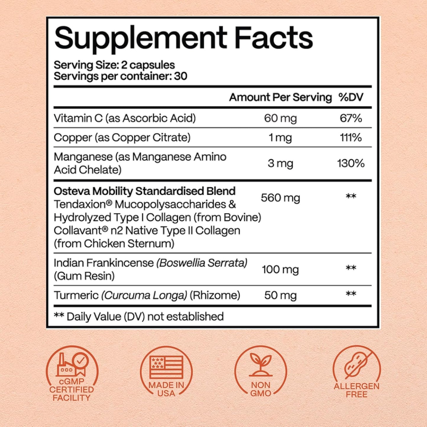 Osteva Joint Support Collagen Turmeric Boswellia Capsules 60 Count