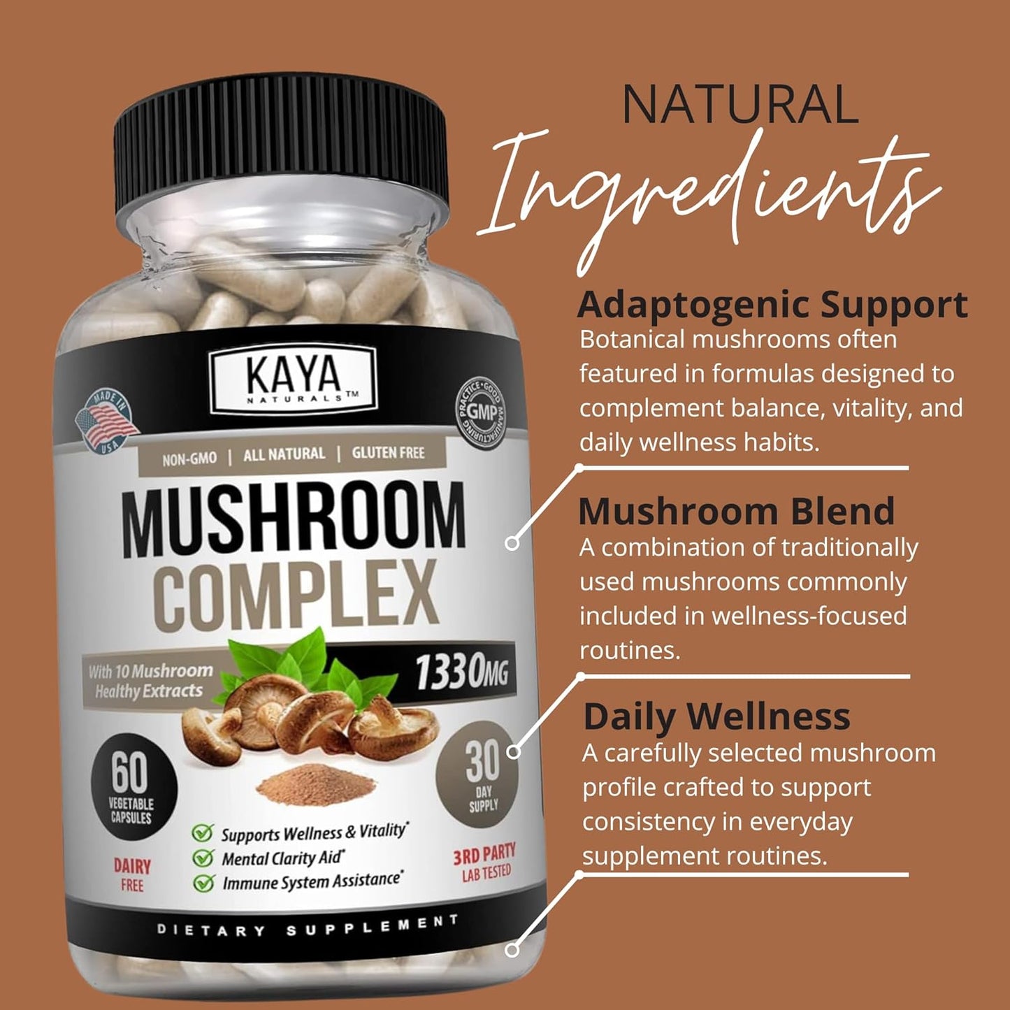 Kaya Naturals Mushroom Complex Capsules 1330 mg Per Serving 60 Count