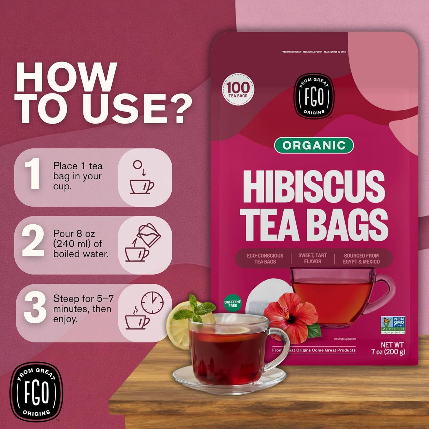 FGO Organic Hibiscus Tea Bags Caffeine Free 100 Count