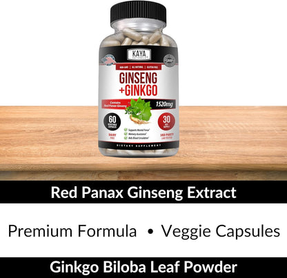 Kaya Naturals Red Panax Ginseng + Ginkgo Biloba - Nootropic Brain Supplement - Cognitive and Concentration Support - Brain Booster, Focus, and Memory Supplement - 60 Capsules