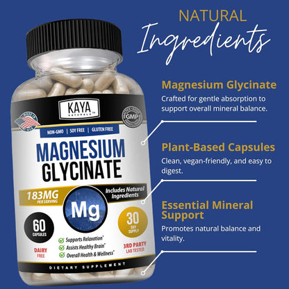 Kaya Naturals Magnesium Glycinate 183 mg Non-GMO Gluten-Free 60 Capsules
