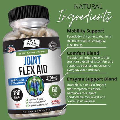 Kaya Naturals Flex Aid Turmeric Capsules Glucosamine Boswellia MSM 180 Count