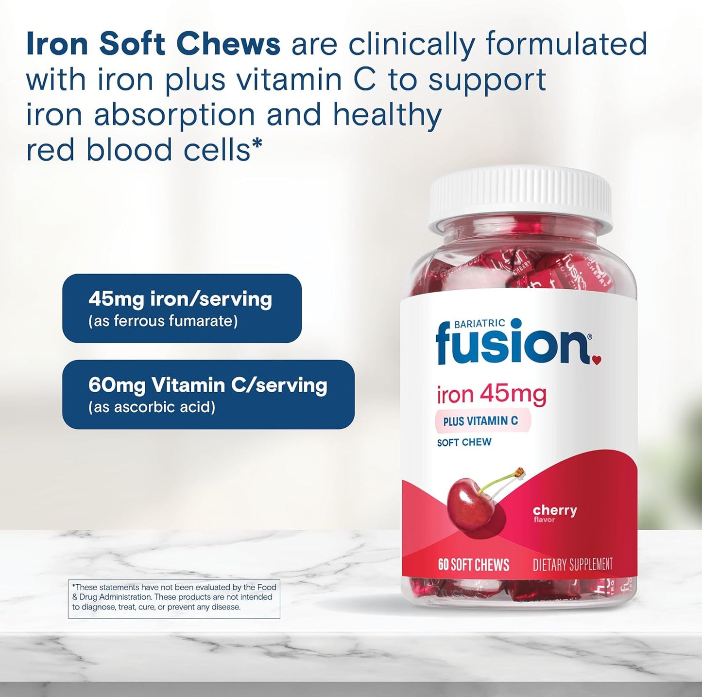 Bariatric Fusion Chewable Iron Supplement with Vitamin C Cherry Flavor 60 Count