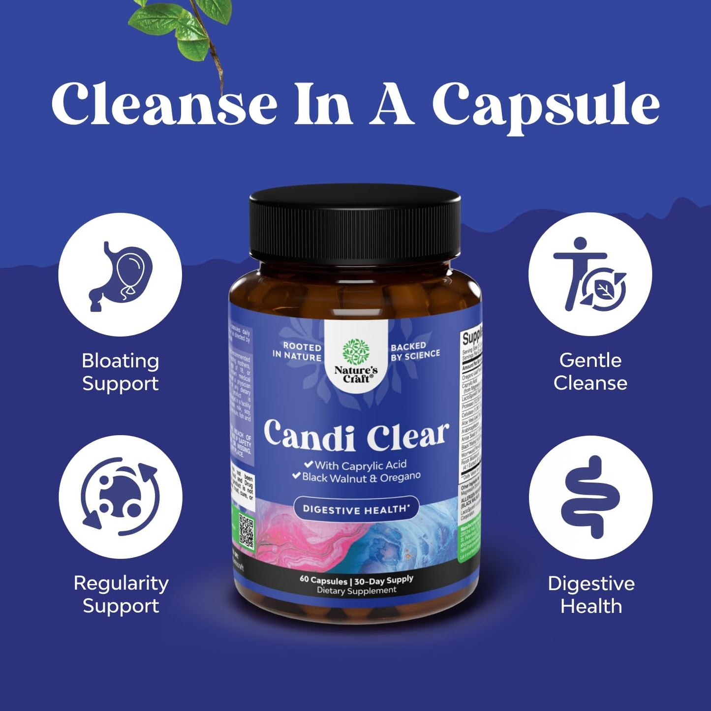 CANDI-CLEAR Body Cleanse Capsules Caprylic Acid Black Walnut Oregano 60 Count
