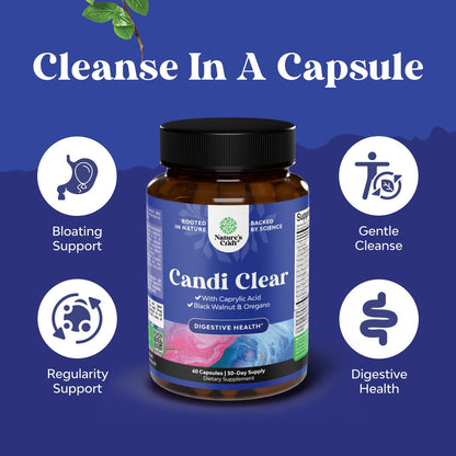 CANDI-CLEAR Body Cleanse Capsules Caprylic Acid Black Walnut Oregano 60 Count