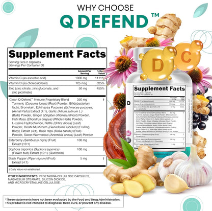 Q Defend Quercetin Capsules Zinc Vitamin C D Elderberry Blend 60 Count