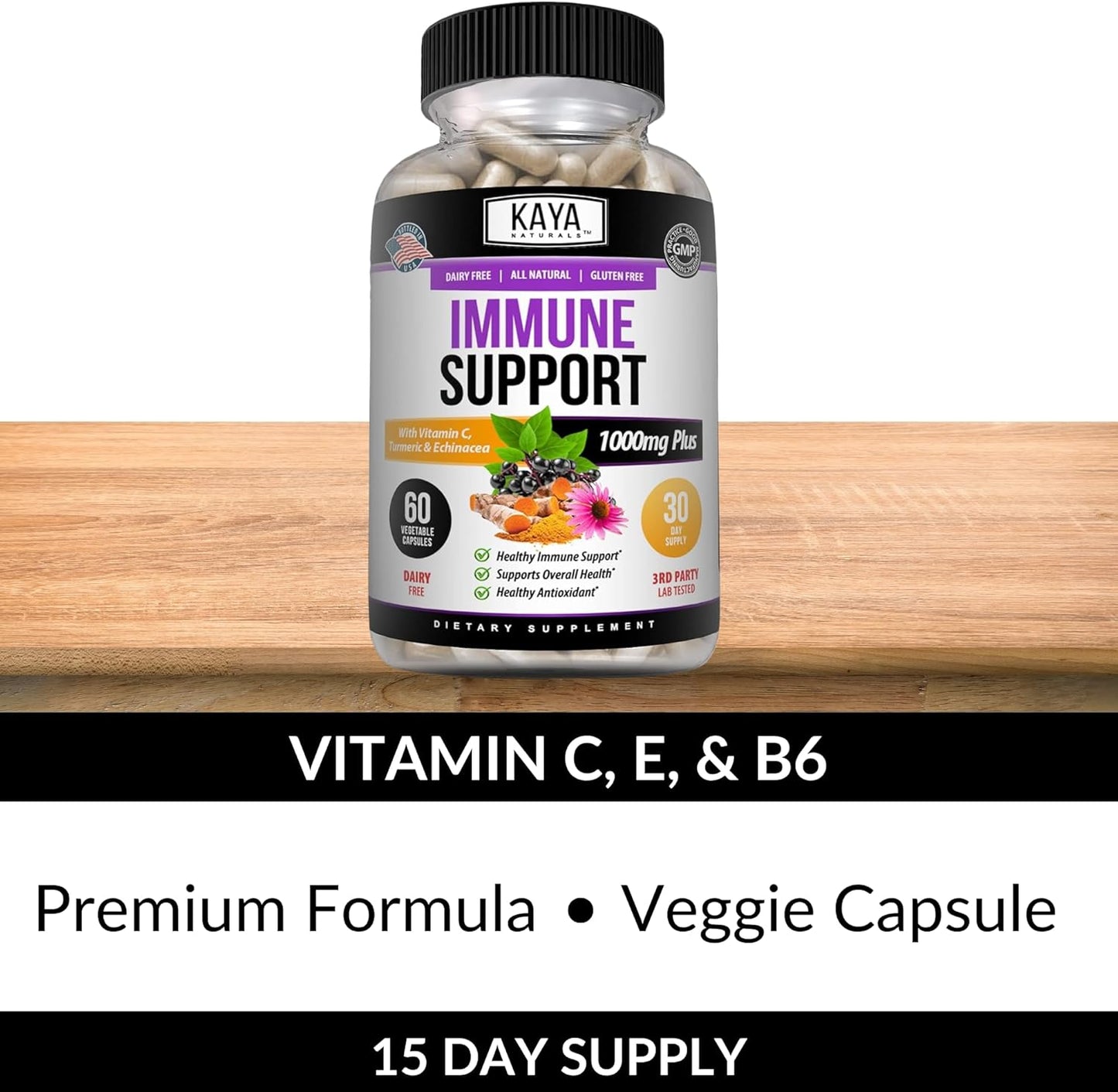 Kaya Naturals Elderberry Capsules Zinc Vitamin C Probiotics Turmeric 60 Count
