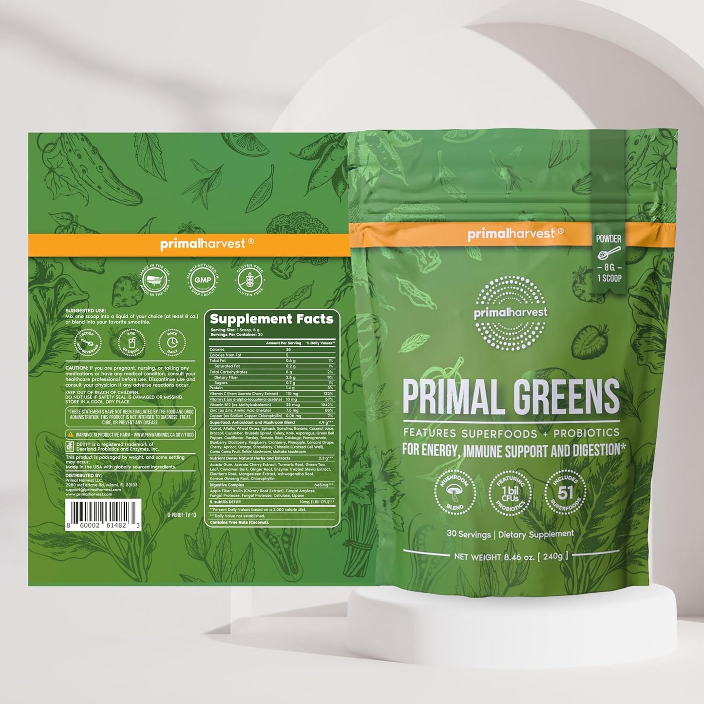 Primal Harvest Super Greens Powder Chlorella Probiotics Green Tea Wheatgrass Kale Turmeric 30 Servings