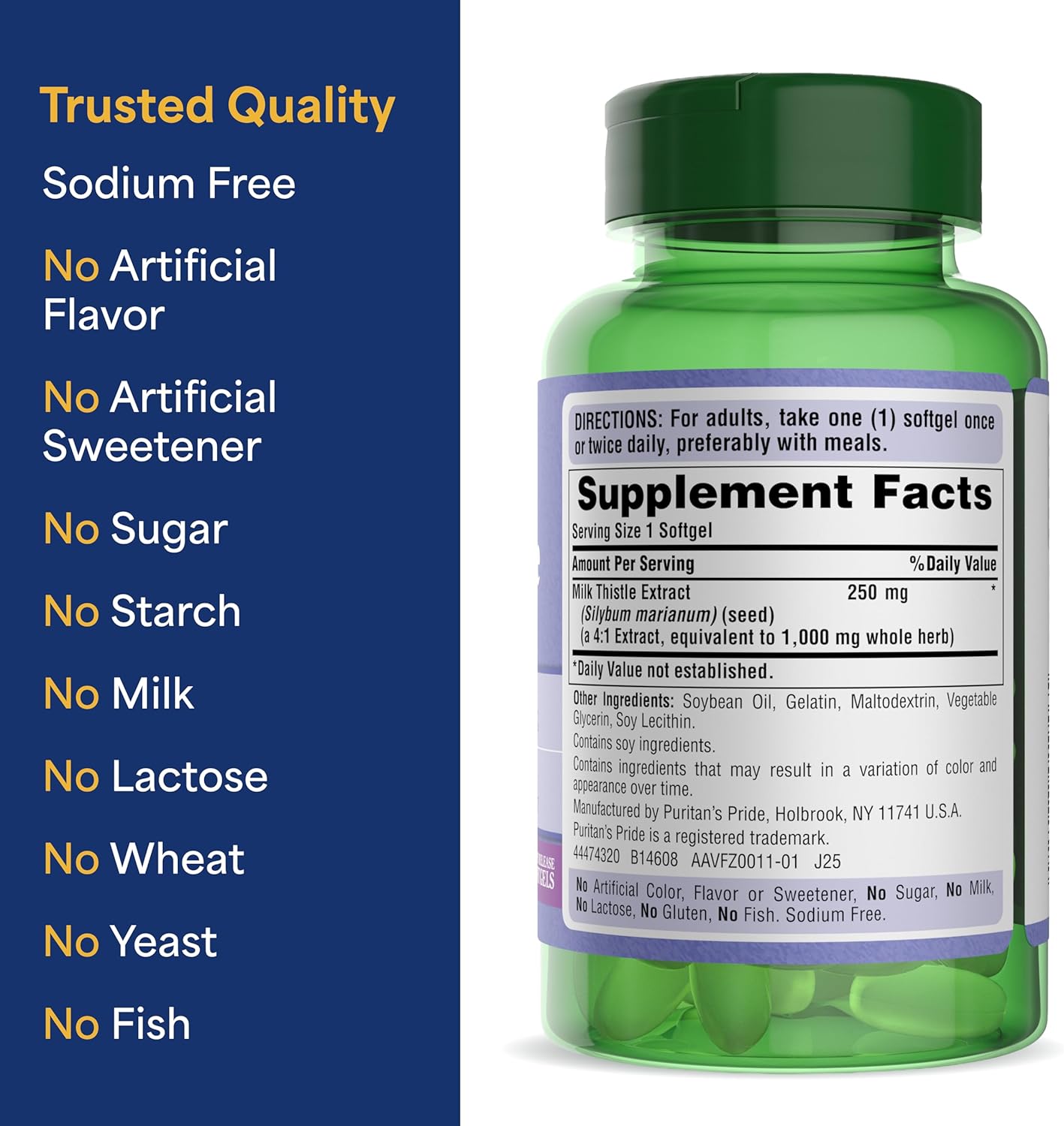 Puritan's Pride Milk Thistle Silymarin 4:1 Concentration Extract 250 mg (1000 mg Equivalent), Dietary Supplement for Traditional Liver Support, 6 Month Supply, 180 Count