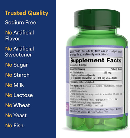 Puritan's Pride Milk Thistle Silymarin 4:1 Concentration Extract 250 mg (1000 mg Equivalent), Dietary Supplement for Traditional Liver Support, 6 Month Supply, 180 Count