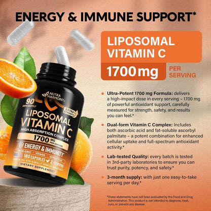 Liposomal Vitamin C 1700 mg Capsules – High Absorption, Non-GMO, Soy-Free, 180 Count